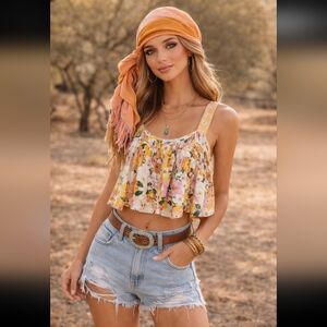 Rachel Zoe Flowy Floral Babydoll Floral Cropped Tank Top XS with scarf included